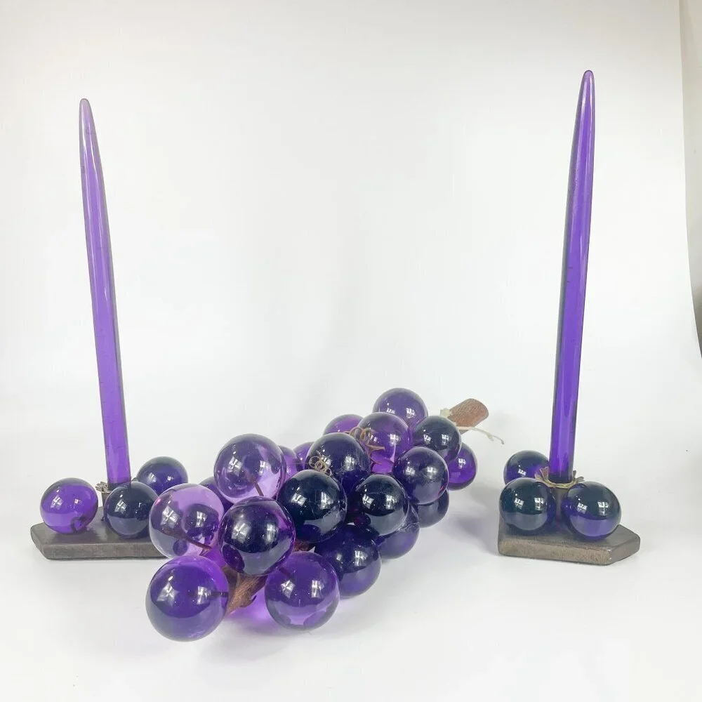 Purple Lucite Large Grapes On Burl Wood Candleholders Candles Console Set